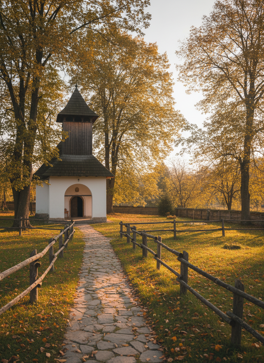 A tranquil exterior scene of a Bucovinian village churchyard in early autumn, without any people, captured in photographic realism. The small church with its shingled roof and simple tower sits to the left, partially framed by tall, turning trees in muted gold and green. A narrow path of worn stone slabs leads to the entrance, bordered by low wooden fences and patches of grass sprinkled with fallen leaves. Late afternoon light bathes the setting in a soft, warm glow, casting long, delicate shadows. The composition follows the rule of thirds, with a moderate depth of field that keeps architecture and landscape crisp, evoking continuity, faith, and the enduring spiritual landscape of the Bucovina community.
