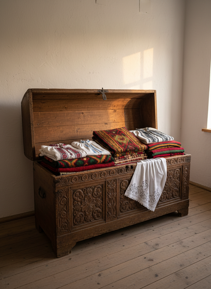 An antique wooden chest carved with subtle floral Bucovinian motifs stands half-open in a quiet room with limewashed white walls and a plank floor. Inside, carefully stacked, are traditional textiles: embroidered shirts, richly patterned woolen blankets, and handwoven runners in soft reds, ochres, and forest greens. A folded cloth with altiță-style embroidery rests gracefully over the edge of the chest. Late afternoon natural light filters through an unseen window, creating a warm, golden illumination and gentle shadows. The composition is centered and balanced, in photographic realism, with a calm, almost museum-like atmosphere that conveys respect, memory, and the careful conservation of cultural patrimony.