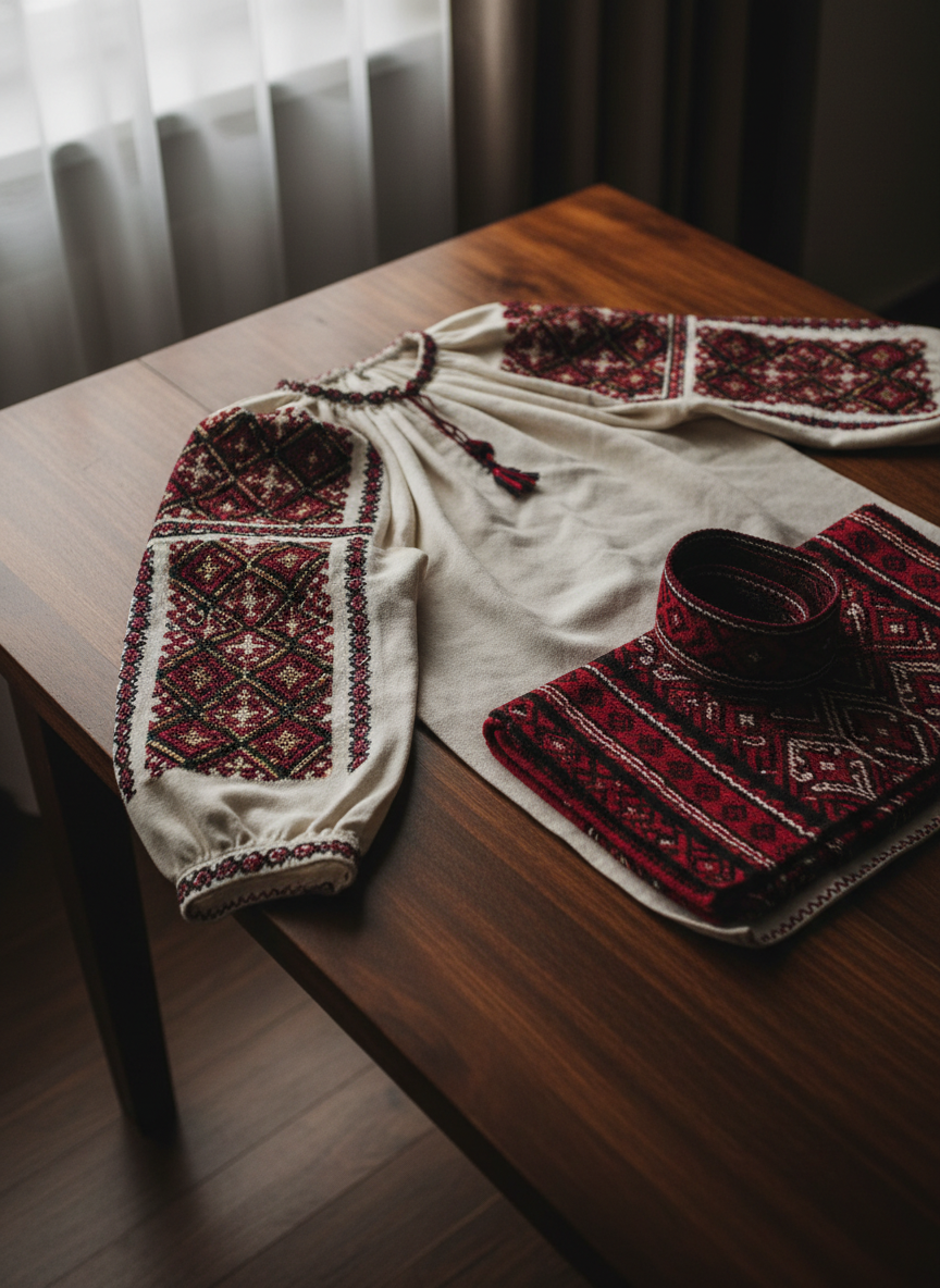 A meticulously embroidered traditional Bucovinian blouse, altiță, laid flat on a dark, finely grained wooden table. The linen fabric is slightly off-white with a soft, matte texture, and the intricate geometric motifs along the shoulders and sleeves glow in deep red, black, and gold threads. Around it rest folded woven belts and a neatly arranged patterned woolen cloth. Natural window light from the left bathes the scene in a gentle, diffused glow, emphasizing every stitch and casting delicate shadows. Photographic realism, shot from a slightly elevated angle with a shallow depth of field, creates a refined, contemplative atmosphere that feels elegant, dignified, and dedicated to preserving Bucovinian heritage.