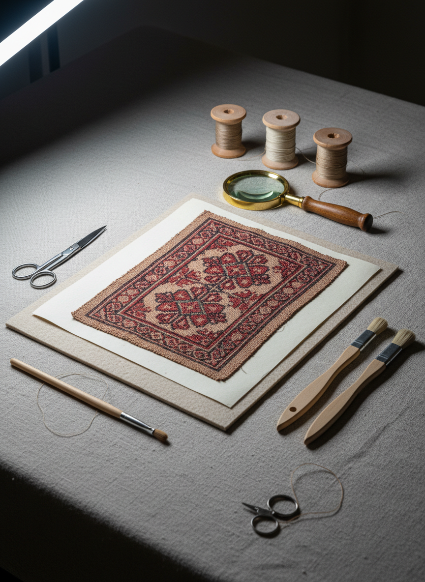 A refined still life of conservation tools arranged beside a fragment of historic Bucovinian embroidery on a neutral linen-covered worktable. The embroidery piece, featuring altiță-style motifs in faded red and charcoal, lies on a protective archival support. Around it are precision scissors, a magnifying glass, linen threads on wooden spools, and soft brushes, all placed with understated symmetry. Cool, soft studio lighting from above and slightly to the left creates minimal glare and emphasizes textures and fine details. Photographic realism, with a slightly elevated angle and sharp focus throughout, gives the image a calm, scholarly atmosphere, suggesting the careful, professional work of preserving cultural textiles and the intellectual sophistication of a dedicated heritage association.