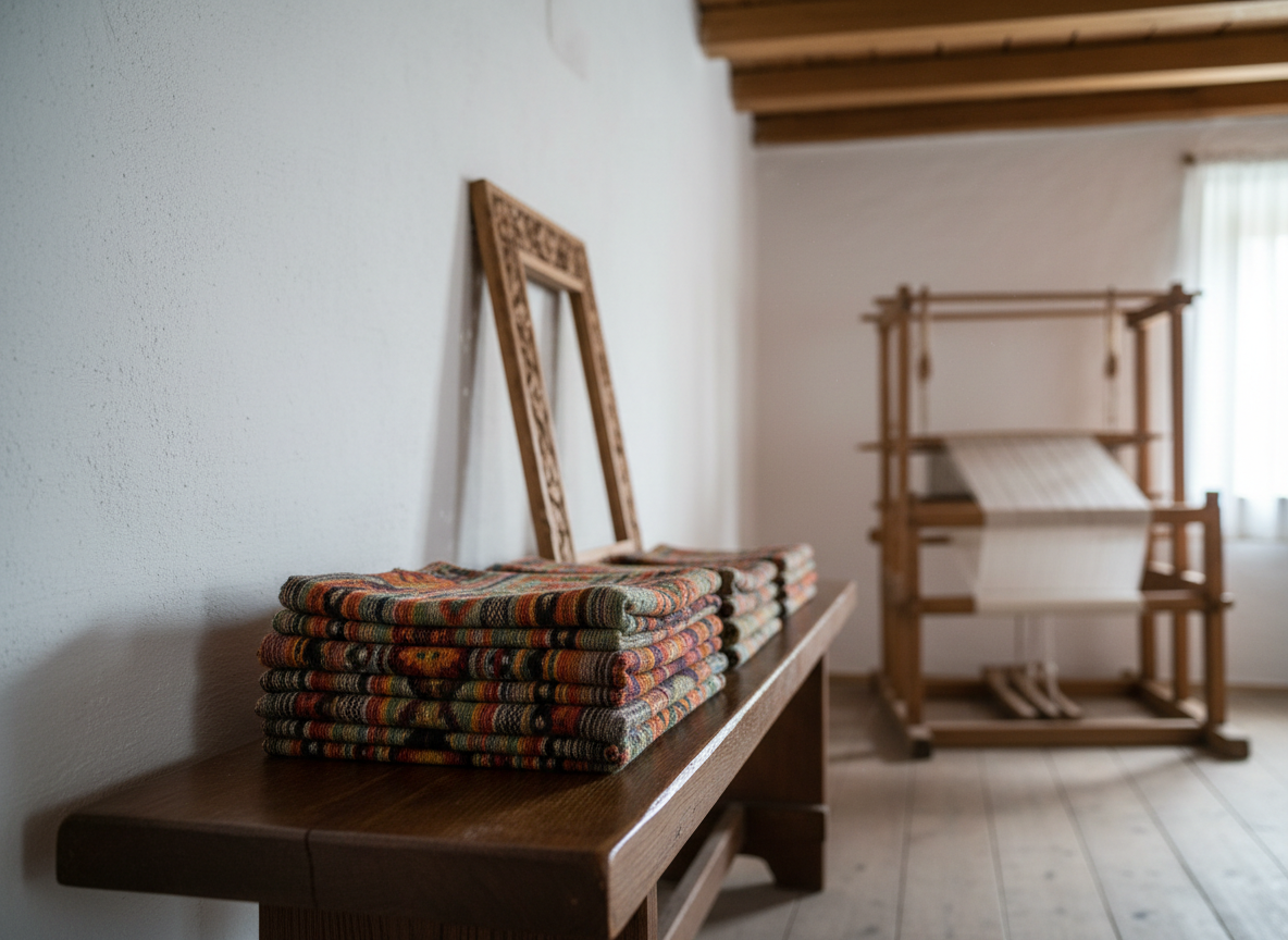 An interior corner of a traditional Bucovinian house recreated as an exhibition space: whitewashed walls, a robust wooden bench, and a loom in the background, softly out of focus. On the bench, neatly folded, rest several heritage textiles with altiță-inspired borders and finely woven patterns, their natural dyes in deep rust, indigo, and forest tones. A hand-carved wooden icon frame without any image leans against the wall, hinting at spiritual heritage without depicting figures. Soft, diffused daylight enters from the right, lending a tranquil, reverent glow. Captured in photographic realism at eye level with moderate depth of field, the composition feels intimate yet curated, evoking continuity between home, museum, and community memory.