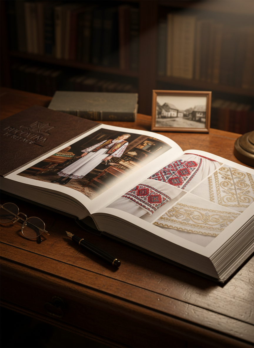 An elegant, large-format archival book lies open on a polished dark wooden desk, displaying high-resolution photographs of Bucovinian traditional costumes and altiță embroidery. The pages are thick, with a subtle creamy tone, and the images show detailed close-ups of motifs and borders. Beside the book rests a pair of discreet reading glasses and a fountain pen, implying study without showing any person. Warm, indirect lamplight from the upper right creates a cozy, focused pool of light, leaving the background gently subdued. Photographic realism, shot from a three-quarter angle with shallow depth of field, creates a sophisticated, intellectual mood suitable for a cultural association dedicated to research, documentation, and transmission of heritage.