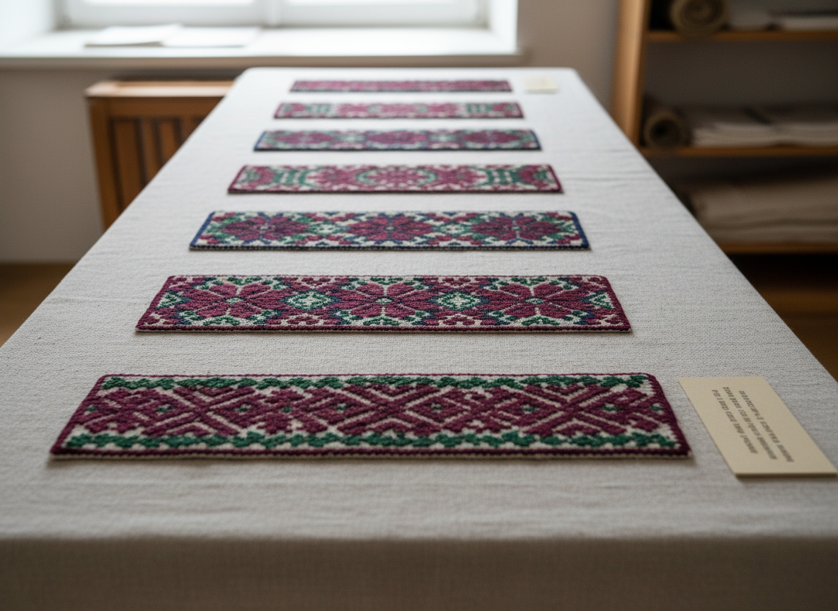 A close-up photographic view of a traditional Bucovinian textile display on a long, narrow table covered in unbleached linen. On top, several bands of altiță embroidery are carefully aligned, each featuring distinct geometric and floral patterns in restrained, harmonious color palettes: deep burgundy, dark green, and midnight blue. A discreet museum-style label in Romanian, without legible text, sits nearby. Overcast natural light from above creates even, diffused illumination with almost no harsh shadows, highlighting textures and thread relief. Framed using the rule of thirds from an eye-level angle, the image has a sophisticated, archival mood, echoing a professional conservation studio dedicated to documenting and protecting Bucovinian identity.